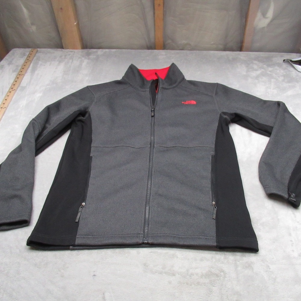 North Face Jacket Men Medium Grey Black Waffle Knit Full Zip Fleece Outdoor Hike